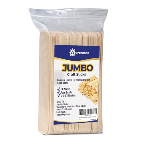 Apremont 50 Piece 6 Inch Large Jumbo Wooden Craft Sticks, Premium Natural Organic Wood, Waxing, Project, Tongue Depressor, Popsicle, Ice Cream Stick,Woodcraft, Paint Stirrer, Art and Craft