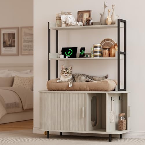 Image of ONBRILL 54 Inch Hidden Litter Box Furniture with Shelves and Outlets, White