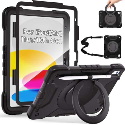 Andnary Case for iPad (A16) 11th Generation 11 inch 2025/10th Generation 10.9 inch 2022, Shockproof Cover with Screen Protector/360° Rotate Handle/Bracket/Pen Holder/Shoulder Strap (Black)