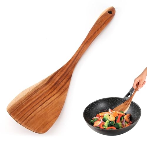 Wooden Spatula, Teak Wood Solid Turner Non-Stick Flat Frying Spatula Long Handle Heat Resistant Cookware Kitchen Utensils for Cooking, Baking, Stiring, Frying (31.5x7.5cm)