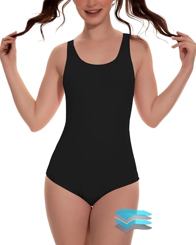 kiniswim Teen Period Swimwear One Piece Leakproof Menstrual Racerback Sporty Swimsuit Splicing Bathing Suit for Girl Black