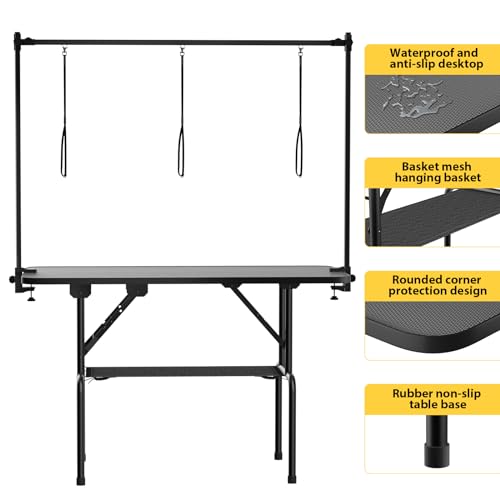 Image of ROOMTEC 46 Inch Dog Grooming Table,Foldable Pet Grooming Tables at Home with Adjustable Arm,Nooses, Mesh Tray