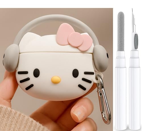 Case For AirPods Pro 3 With Cleaner Kit Cartoon Kawaii Soft 3D Silicone Protective Case Compatible With Apple AirPods Pro 3rd Generation Earbud Cover with Keychain for Women Girls Boys (Kitty White)