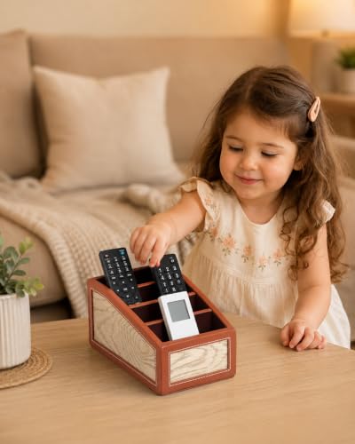 Image of Premsons Classic Remote Holder - 4 Section Tabletop Organizer in Light Brown | Faux Leather with Refined Wooden Finish | Decorative & Practical Organizer - Orange
