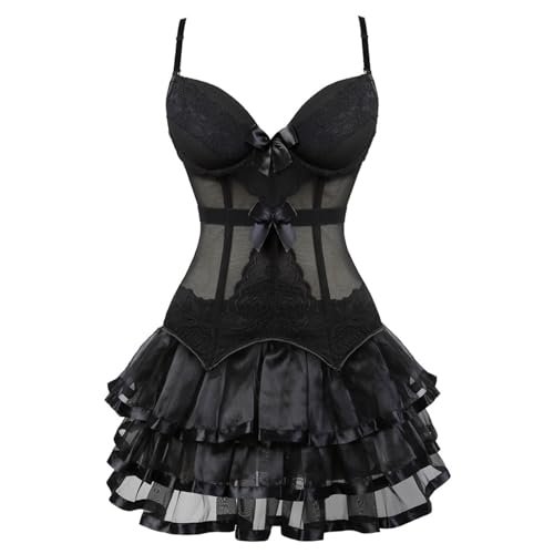 korsett Damen vollbrust corsage kleid kurz rock mit träger strapse spitze schnürmieder burlesque gothic korsettkleid Basic