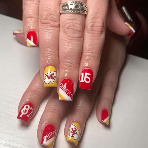 Rugby Press on Nails Short Square OFDNE Red & Yellow Fake