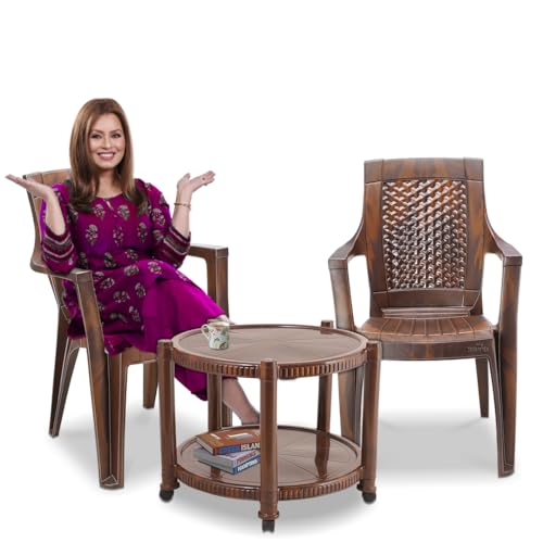 Image of MAHARAJA Classic Plastic Table & Chair Set | Elegant Design, Sturdy Build | Perfect for Home, Office & Garden Use (Teakwood, 2 Chair+1 Table)