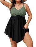 Hanna Nikole Swimming Costume with Shorts,Women Plus Size One-Piece Swimsuits Push Up Tummy Control Swimwear Cross Skirted Monokinis Swim Dress Slit Bathing Suits
