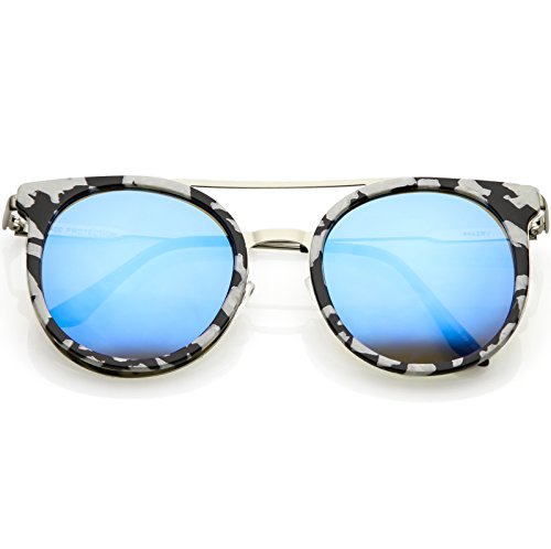 zeroUV - Modern Sleek Double Nose Bridge Round Color Mirrored Lens Horn Rimmed Sunglasses 51mm