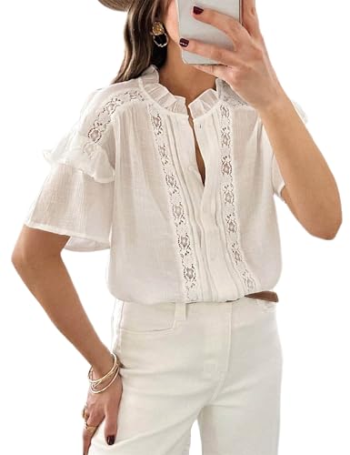 IQSQSQ Women's Summer Blouse Short Sleeve Button Down Shirt Lace ...