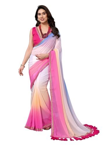 Image of RAJESHWAR FASHION WITH RF Women's Fancy Desian Ombre Georgette Saree For Women With Latkan Tassels Lace Border & Unstitched Blouse