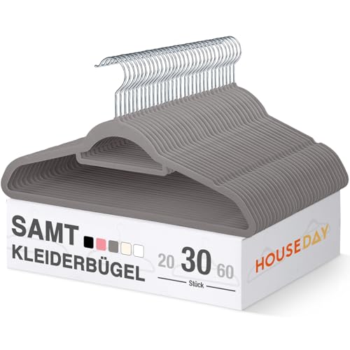 HOUSE DAY Kleiderbügel Samt, 30er Set, Premium Bügel, Kleiderbügel Platzsparend und rutschfest Samtbügel mit 360° drehbarer Haken für Hemden, Anzüge, Pullover, Hosen, Grau