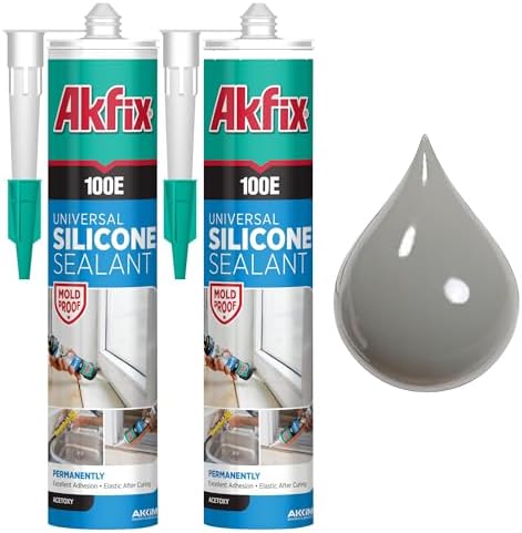 Akfix 100E RTV Gray Silicone Caulk (2x10.1 fl.oz.) - 100% Waterproof Silicone Sealant for Kitchen and Bathroom, Shower, Bathtub, Toilet, Sink, Window and Door, No Discoloring | Gray, 2 Pack