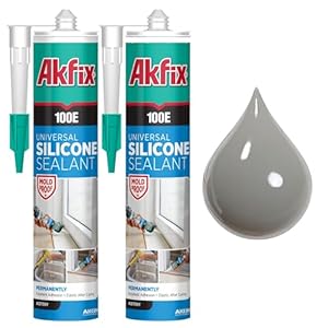 Akfix 100E RTV Gray Silicone Caulk (2×10.1 fl.oz.) – 100% Waterproof Silicone Sealant for Kitchen and Bathroom, Shower, Bathtub, Toilet, Sink, Window and Door, No Discoloring | Grey, 2 Pack