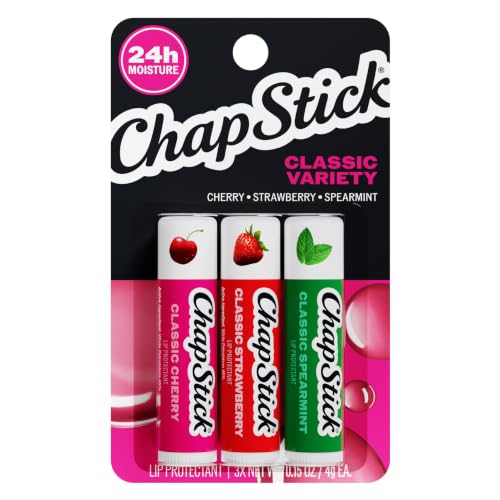 Chapstick Classic (3 Sticks) Cherry Strawberry & Spearmint Flavor Skin Protectant Flavored Lip Balm Tube 0.15 Oz Each