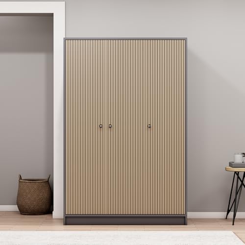 Image of Bniture Luxe 3 Door Wooden Wardrobe for Bedroom with Lockable Drawer & Hanging Space | Engineered Wood Almirah for Clothes with 3D Textured Panels | Wide Spacious Storage Cupboard | Grey & Giant Wood