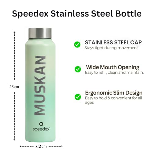 Image of Speedex Customised Engraved Name Stainless Steel Water Bottle 1 Ltr - Personalised Screw Cap Bottle for Kids, Men & Women, School, Office, Gym, Dual Green, Set of 1