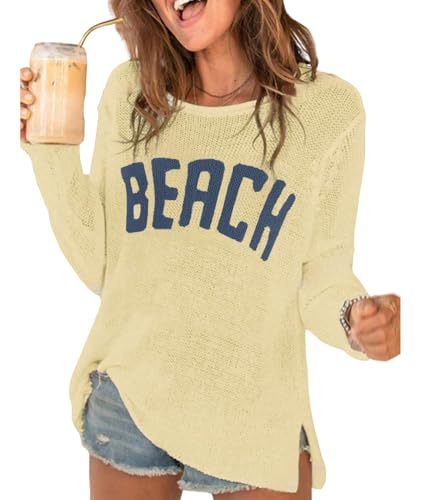 Urchics Womens Casual Sweater Women's Casual Loose Letter Print Long Sleeve Knitted Pullover