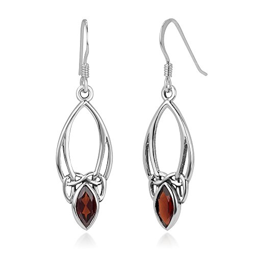 Chuvora 925 Sterling Silver Open Celtic Knot Symbol Red Garnet Gemstone Marquise Dangle Hook Earrings 1.5