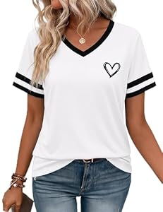 Gyabnw Oversize Basic Herz Shirt Damen V Ausschnitt Herzprint Bluse Elegant Flügelärmel Herzen Oberteil Kurzarm Sommer Top Weiß