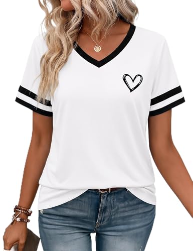 Image of Gyabnw Women's V Neck T Shirt Striped Sleeve Heart Print Loose Fit White