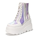 Cape Robbin Holographic Platform Ankle Boots for Women Chunky Block Heels Pointed Toe PU Leather with Buckle Strap Retro Futuristic Style (Radio) - White Size 11