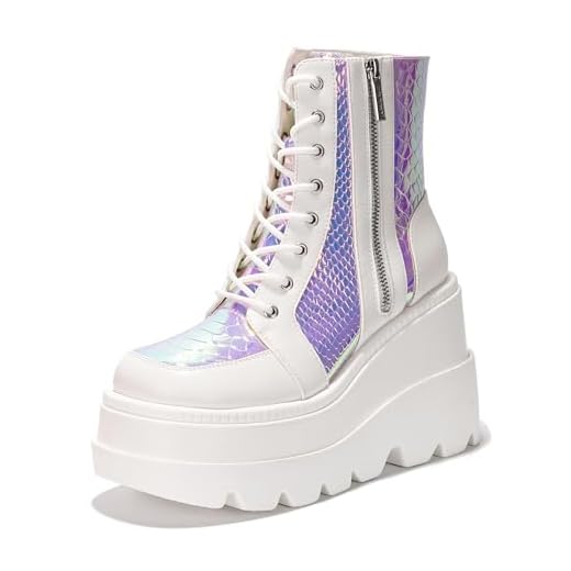Cape Robbin Radio Holographic Platform Ankle Boots with Chunky Block Heels for Women,White,10