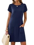 ANRABESS Swimsuit Coverup for Women Crew Neck Short Sleeve Beach Sundresses Summer T Shirt Dress with Pockets Plain/Print Navy Blue X-Large