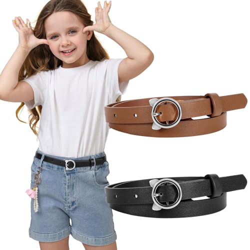 SUOSDEY 2 Pack Girls Skinny Leather Belt with Cute Alloy Pin Buckle Belt for Kids Girls Uniform Jeans Dress Pants