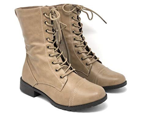 Image of Forever Link Womens Round Toe Military Lace Up Knit Ankle Cuff Low Heel Combat Boots
