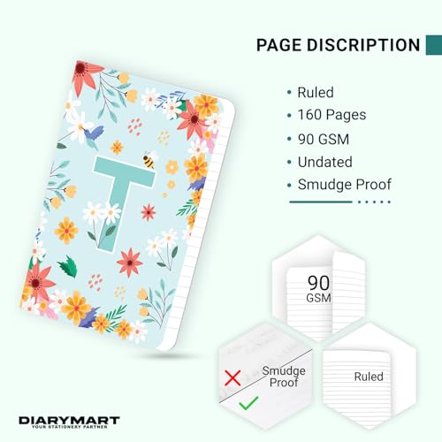 Image of Initial T Premium Soft Bound Notebook Diary for Girls and Women (B6, 90 GSM, 160 Ruled Pages) Floral Design Notebook Journal Diary