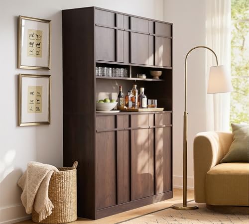 Image of 72 inch Pantry Cabinet, Tall Kitchen Pantry Storage Cabinet with Countertop, Adjustable Shelves, Mid Century Modern Wooden Kitchen Hutch with Skeleton Lines for Living Room, Dining Room, Walnut