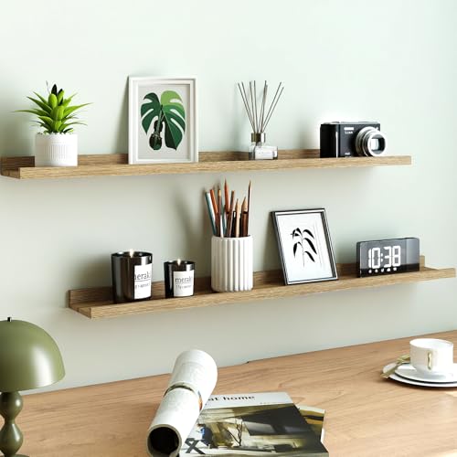 Image of Oak Floating Shelves for Wall Decor, 40 in Shelf with Lip, 2 Set | 4.5 inch Deep Display Picture Ledge Shelf, Long Wall Mounted Storage Shelves for Bedroom, Bathroom, Living Room, Kitchen, Nursery
