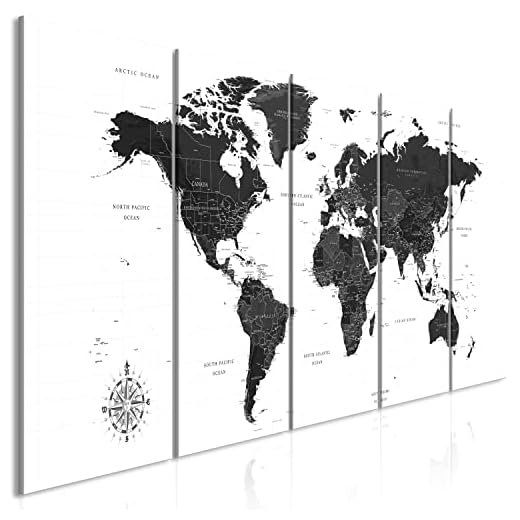 murando - Cuadro de cristal acrílico Mapa del mundo 150x60 cm Impresión de 5 Piezas Pintura sobre Vidrio Imagen Gráfica Decoracion de Pared negro blanco k-A-0422-k-m