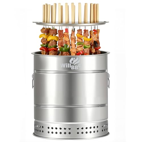 WILLBBQ Large Hanging Charcoal Grills, 360° Barrel Smoker, Stainless Steel Double-Wall Insulated, Portable for Outdoor Camping Patio (Bright Silver)