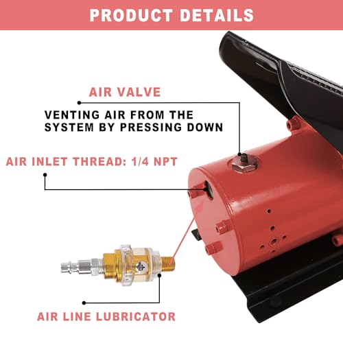 Image of Air Hydraulic Pump 10,000 PSI 0.45 Gal Reservoir NPT 3 /8 inch Oil Outlet, NPT 1 /4 inch Inlet, Hydraulic Pump Air Hydraulic Foot Pump Made of Aluminum with Air Line Lubricator, Red