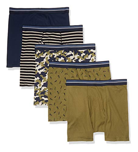 Amazon Essentials Men's Tag-free Boxer Briefs, Pack of 5, Black White Stripes/Camo/Dark Blue/Military Green/Warrior, L