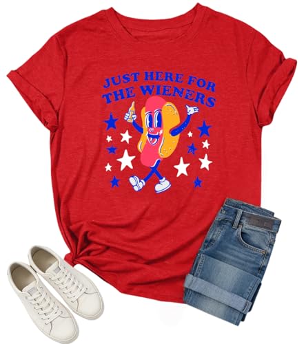 4th of July Shirts for Women Patriotic Shirts Just Here for The Wieners Shirt Red White and Blue Independence Day Tops