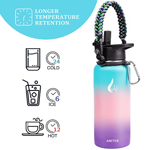 Amiter Stainless Steel Insulated Water Bottle With Paracord Handle, 32 Oz Double Walled Vacuum 18/8 Thermos With Straw & Spout Lid, Leakproof Bpa Free Travel Mug Jug #TOP5
