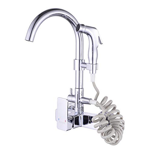robinet mural cuisine, pistolet, mitigeur cuisine d'eau chaude et d'eau froide à deux trous, douchette evier cuisine, cuivre, robinet mitigeur-Pistolet chrome + droit Cover