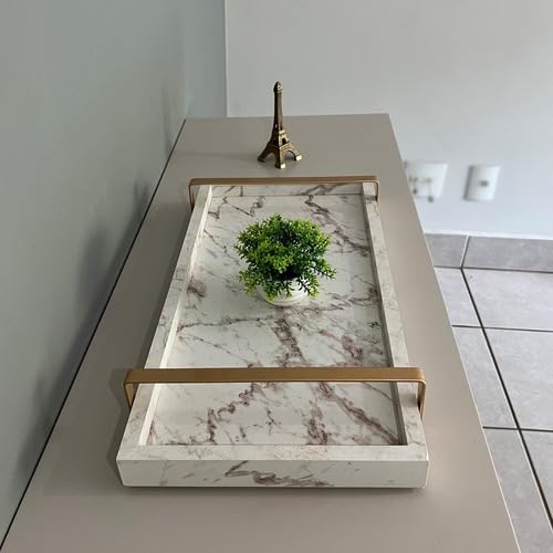 Bandeja Decorativa Para Servir Branco Gold Marmorizado Com Alça Dourada