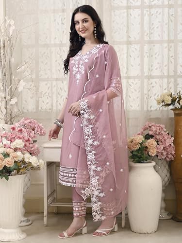 Image of NIVANA Womens Pakistani Style Embroidered Kurta with Pant & Embroidered Dupatta | Chanderi Straight Kurta Set with V-Neck & 3 /4 Sleeves | Ethnic Wear for Festive & Casual Occasions