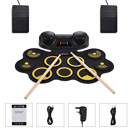 Asmuse Batterie électrique portable avec 9 plaquettes de batterie intégrée avec enregistrement MIDI et fonction Bluetooth, pédales et tube numérique