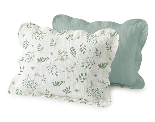 Image of Muslin Ruffled Toddler Pillowcases 13 inchx18 inch 2 Pack, Soft, Breathable Muslin Cotton Travel Pillow Covers with Envelope Closure for Baby Boys, Girls & Kids (Fern Leaf & Sage-Ruffled, 13 x 18 Inch)