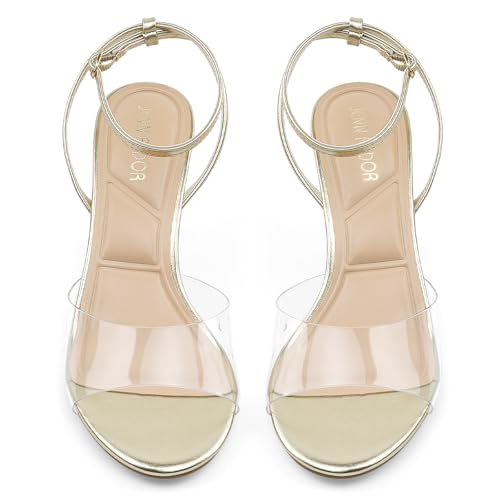 JENN ARDOR Clear Heels for Women Kitten Strappy Sandals Comfort Round Open Toe Ankle Strap Stilettos Wedding Party Low Heeled Dress Shoes