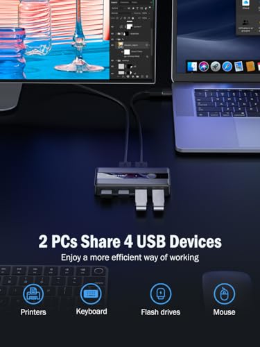 Image of Lemorele USB 3.0 Sharing Switch, 2 Computers Share 4 USB Ports Peripheral Adapter for PC, Printer, Scanner, Mouse, Keyboard - One-Click Switch with 2 USB-A Cables Included