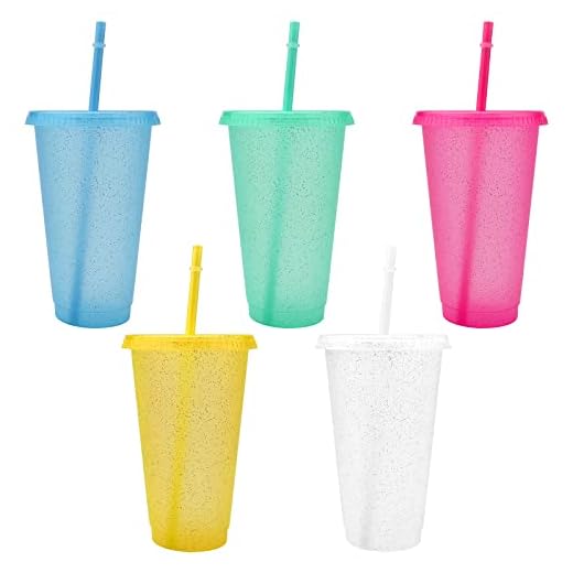 Vasos Plastico de Colores 5pcs Vaso de Plástico de PP Vasos Reutilizables Vasos plástico Reutilizables con Tapa y Pajita, Inastillable para Fiesta/Parrilla/Cumpleaños/Viajes Familiares 710ML B