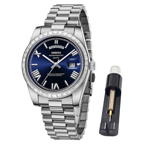NIBOSI Men's Analog Quartz Watch, Silver Stainless Steel, Day Date
