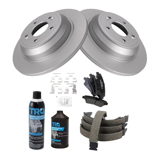 Image of TRQ Rear Brake Pad & Rotor Kit, with Chemical Kit Parking Brake Shoe Set Ceramic Premium G-Coated Compatible with 2017 Genesis G80 2015-2016 Hyundai