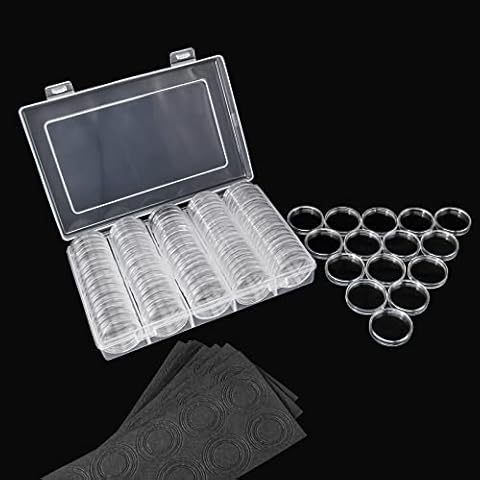YOLCAR 100 Pack 30mm Clear Round Coin Capsules with 5 Sizes (17/20/25/27/30mm) Protect Gasket and Plastic Storage Organizer Box for Coin Collection Supplies, Black Cover